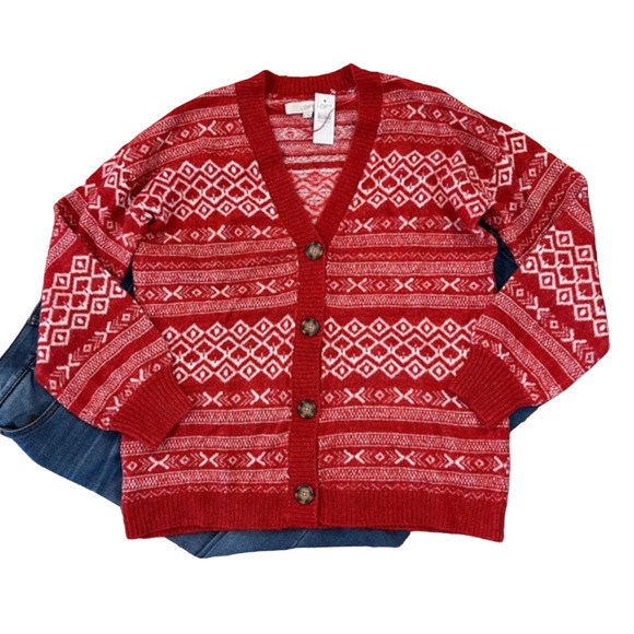 NWT LOFT Ruby Rust Red Fair Isle V-Neck Pocket Cardigan - Picture 1 of 8